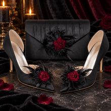 Load image into Gallery viewer, Gothic Black Satin Clutch Bag – Dark Red Velvet Rose Alternative Bridal Purse
