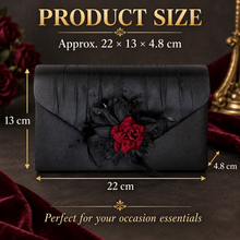 Load image into Gallery viewer, Gothic Black Satin Clutch Bag – Dark Red Velvet Rose Alternative Bridal Purse
