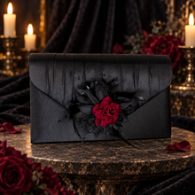 Load image into Gallery viewer, Gothic Black Satin Clutch Bag – Dark Red Velvet Rose Alternative Bridal Purse

