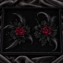 Load image into Gallery viewer, Gothic Black Floral Shoe Clips – Burgundy Velvet Rose, Lace &amp; Feathers
