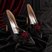 Load image into Gallery viewer, Gothic Black Floral Shoe Clips – Burgundy Velvet Rose, Lace &amp; Feathers
