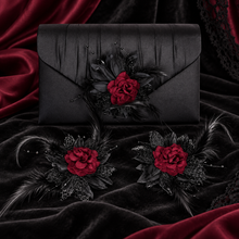 Load image into Gallery viewer, Gothic Black Floral Shoe Clips – Burgundy Velvet Rose, Lace &amp; Feathers
