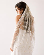 Load image into Gallery viewer, Luxury Swiss Dot Floral Wedding Veil – White Flower &amp; Gold Embroidered Bridal Veil
