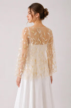 Load image into Gallery viewer, Golden Leaf Embroidered Bridal Cape – Sheer Tulle Wedding Dress Cover
