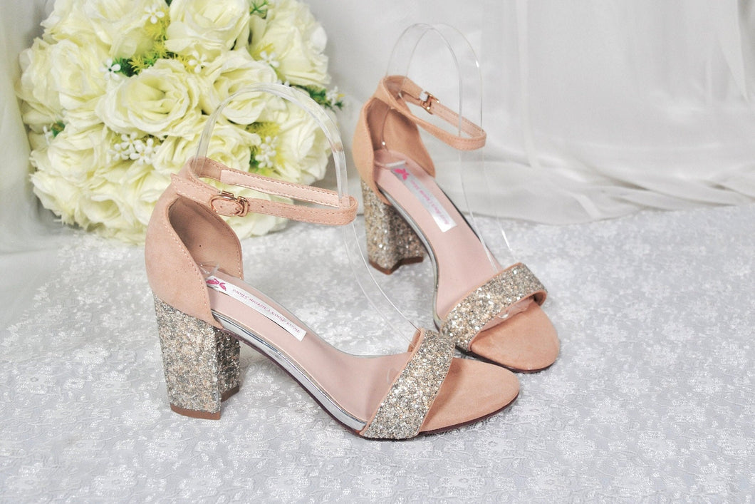 Nude Glitter Bridal Shoes, Block Heel Wedding Shoes - Size UK2/US5