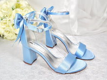 Load image into Gallery viewer, Beautiful Blue Satin Shoes, Block Heel Wedding Shoes, Bow Bridal Shoes
