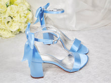 Load image into Gallery viewer, Beautiful Blue Satin Shoes, Block Heel Wedding Shoes, Bow Bridal Shoes
