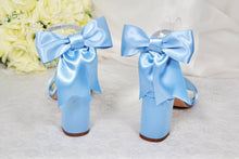 Load image into Gallery viewer, Beautiful Blue Satin Shoes, Block Heel Wedding Shoes, Bow Bridal Shoes
