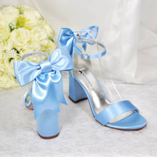 Load image into Gallery viewer, Beautiful Blue Satin Shoes, Block Heel Wedding Shoes, Bow Bridal Shoes
