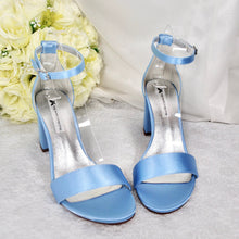 Load image into Gallery viewer, Beautiful Blue Satin Shoes, Block Heel Wedding Shoes, Bow Bridal Shoes
