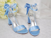 Load image into Gallery viewer, Beautiful Blue Satin Shoes, Block Heel Wedding Shoes, Bow Bridal Shoes
