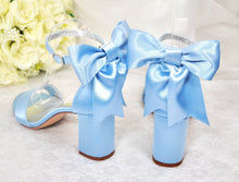 Load image into Gallery viewer, Beautiful Blue Satin Shoes, Block Heel Wedding Shoes, Bow Bridal Shoes
