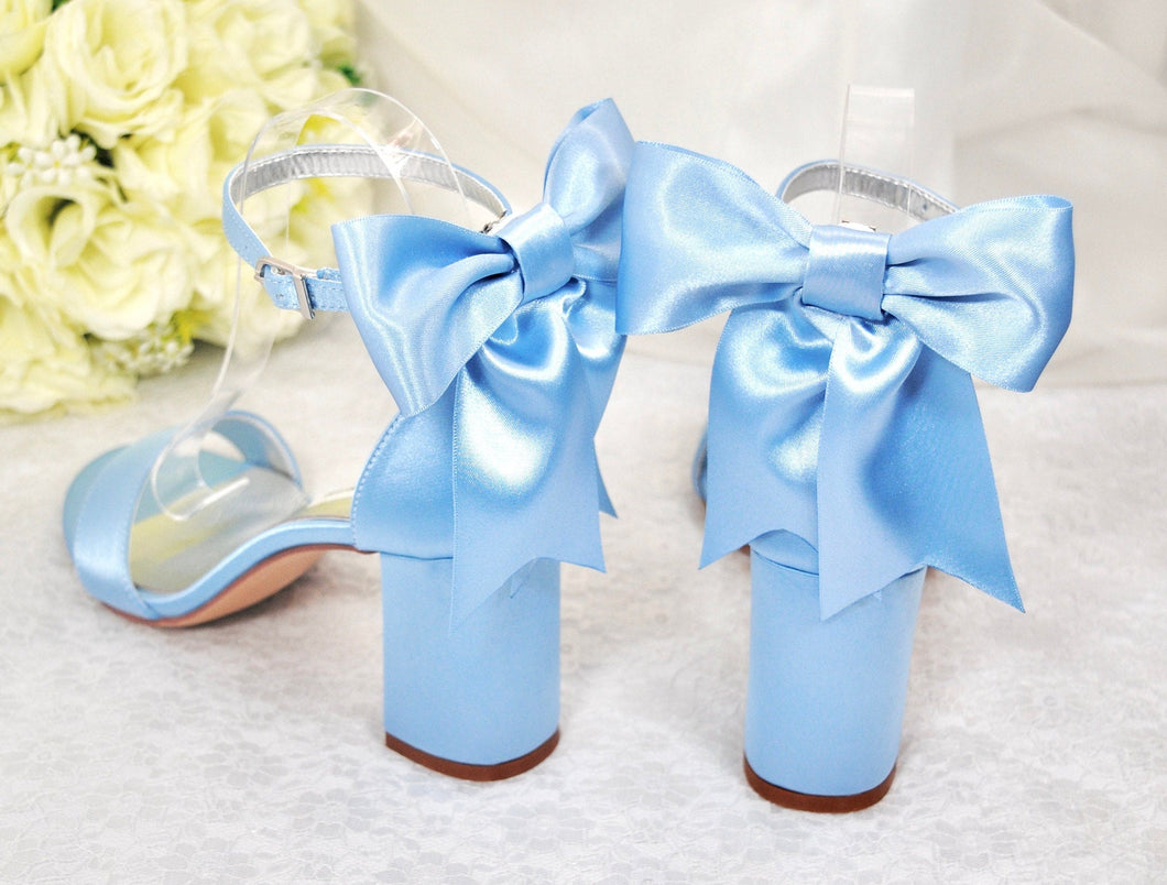 Beautiful Blue Satin Shoes, Block Heel Wedding Shoes, Bow Bridal Shoes