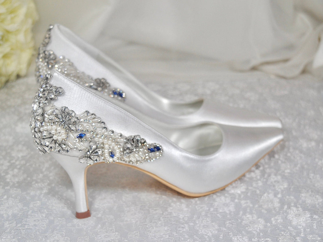 Beautiful White Bridal Shoes, 'Something Blue' Crystal Wedding Shoes - UK7/US9.5