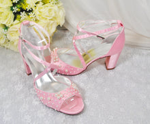 Load image into Gallery viewer, Satin Block Heel Bridal Sandals with Pearl Detail
