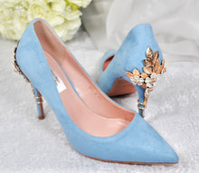 Load image into Gallery viewer, Blue Suede Wedding Shoes with &#39;Cherry Blossom&#39; Size UK6/US8.5
