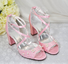 Load image into Gallery viewer, Satin Block Heel Bridal Sandals with Pearl Detail
