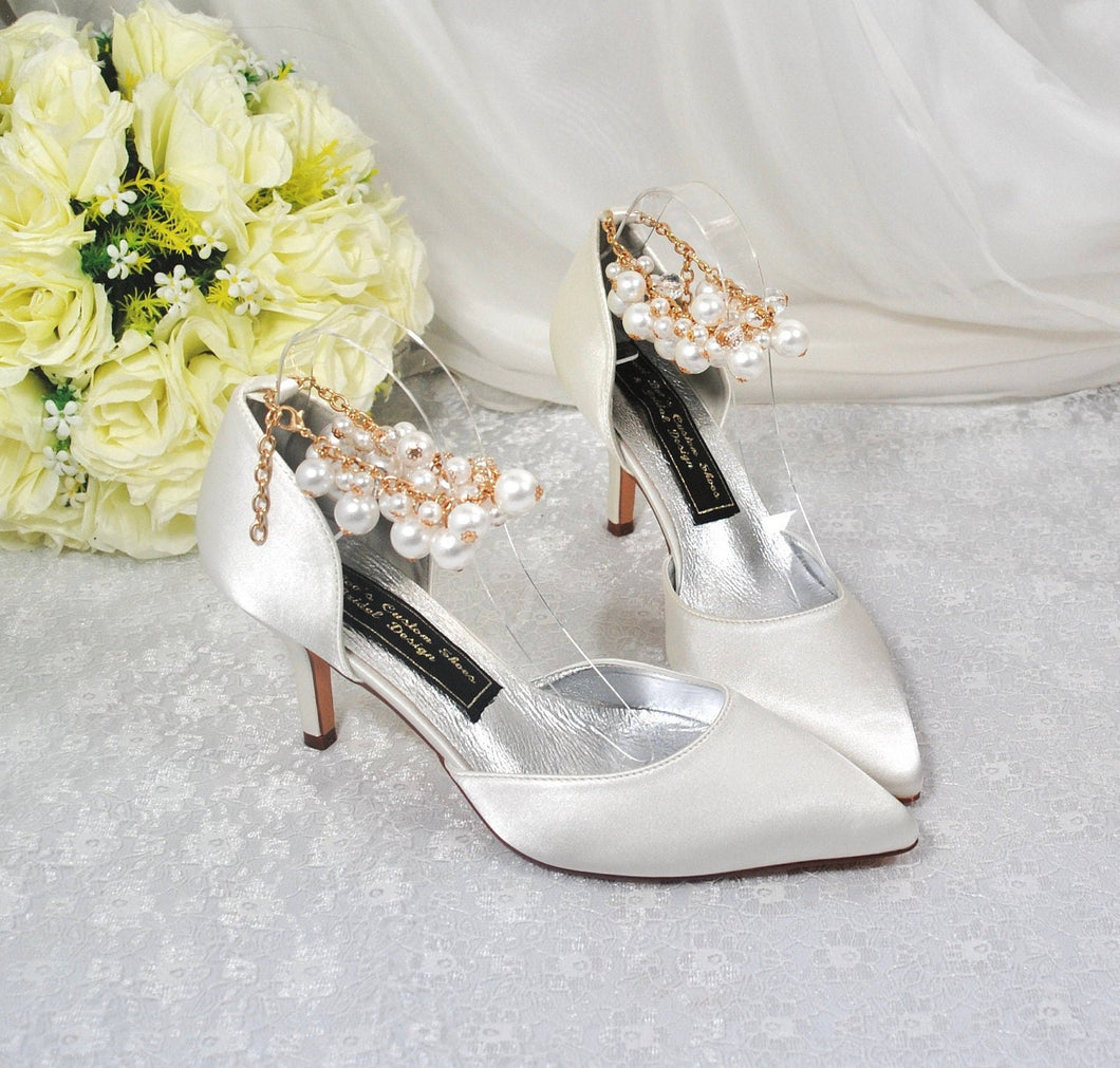 Bridal Satin Shoes with Drop Pearl Strap