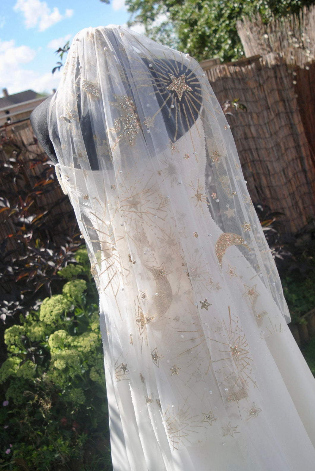 Luxury Celestial Wedding Cape or Veil - Gold Glitter and Pearl Veil or Cape