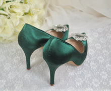 Load image into Gallery viewer, Emerald Green Satin Heels with Crystal Embellishment - UK8/US10.5
