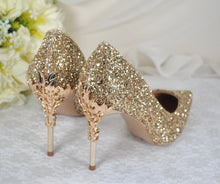 Load image into Gallery viewer, Gold Glitter Heels with Metal Leaf Vines, UK5/US7.5
