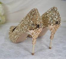 Load image into Gallery viewer, Gold Glitter Heels with Metal Leaf Vines, UK5/US7.5
