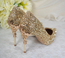 Load image into Gallery viewer, Gold Glitter Heels with Metal Leaf Vines, UK5/US7.5
