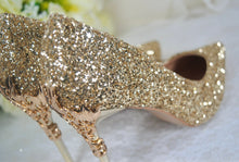 Load image into Gallery viewer, Gold Glitter Heels with Metal Leaf Vines, UK5/US7.5
