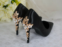 Load image into Gallery viewer, Black Satin Bridal Heels, with Cherry Blossom UK4/US6.5
