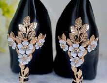 Load image into Gallery viewer, Black Satin Bridal Heels, with Cherry Blossom UK4/US6.5
