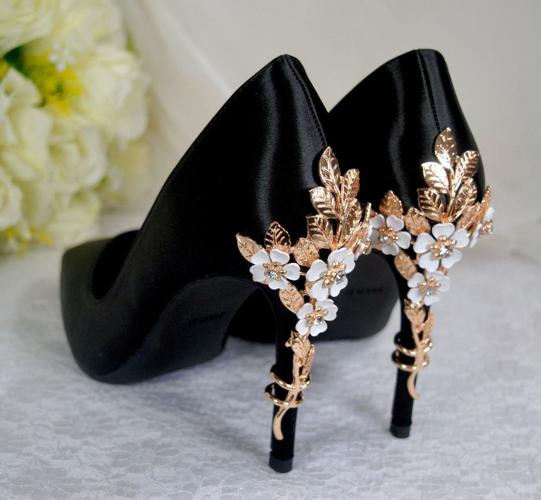 Black Satin Bridal Heels, with Cherry Blossom UK4/US6.5