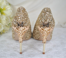 Load image into Gallery viewer, Gold Glitter Heels with Metal Leaf Vines, UK5/US7.5
