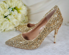 Load image into Gallery viewer, Gold Glitter Heels with Metal Leaf Vines, UK5/US7.5
