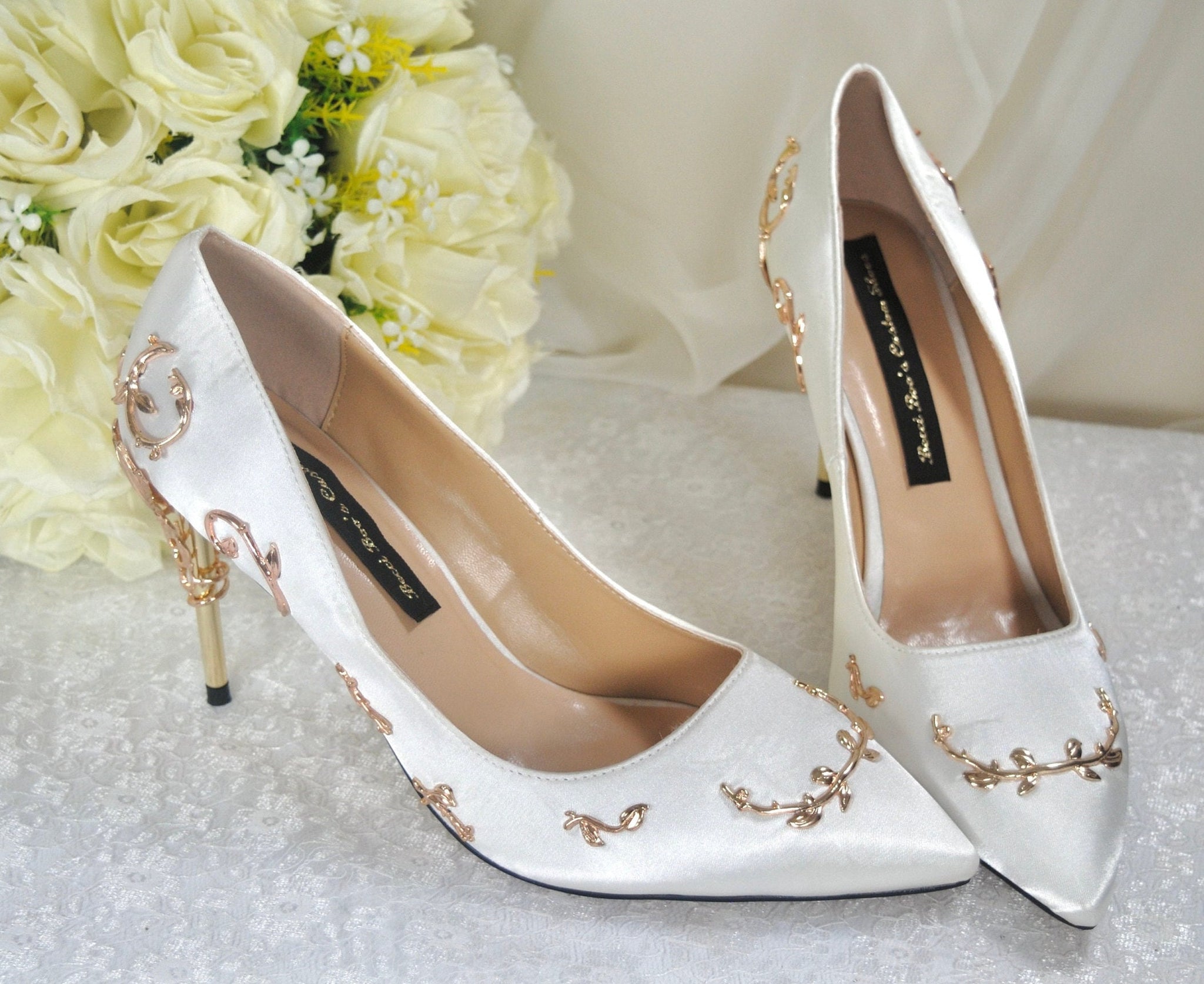 Ivory Satin Wedding Shoes with Gold Vines, UK8 – Becci's Bridal Designs