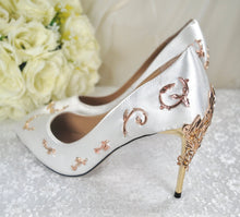 Load image into Gallery viewer, Ivory Satin Wedding Shoes with Gold Vines, UK8/US9.5/EU41
