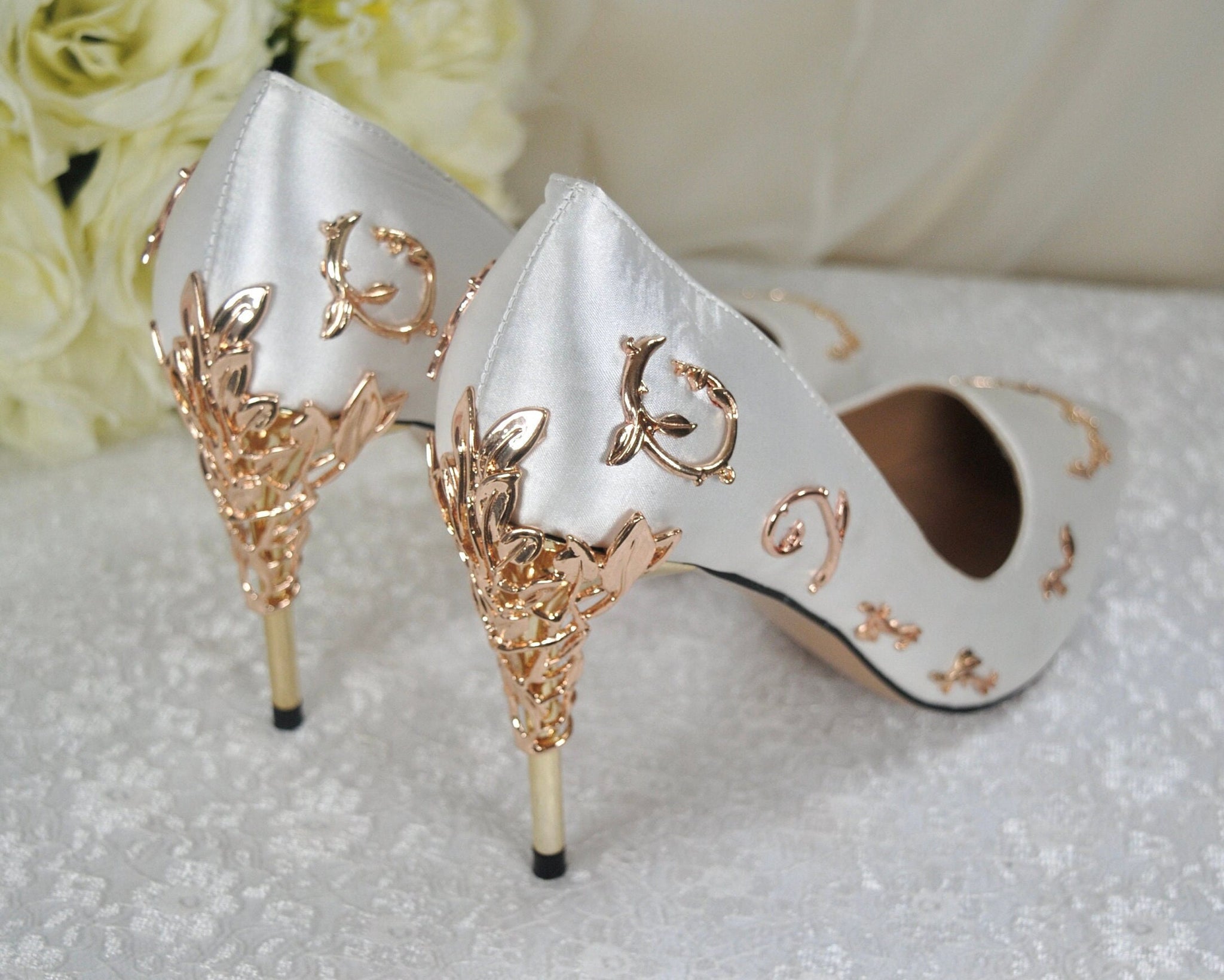 Ivory Satin Wedding Shoes with Gold Vines, UK8 – Becci's Bridal Designs