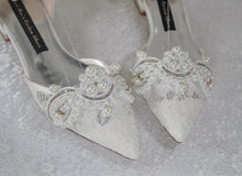 Load image into Gallery viewer, Ivory Lace Pointy Toe Flats with Small Pearl Appliqué - Bridesmaid Shoes, Women Wedding Shoes
