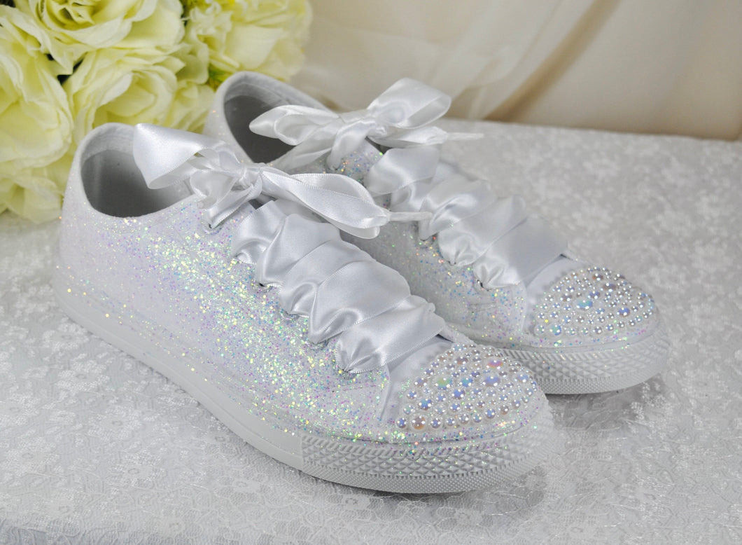 White Glitter Wedding Trainers / Sneakers - Size UK8/US10.5