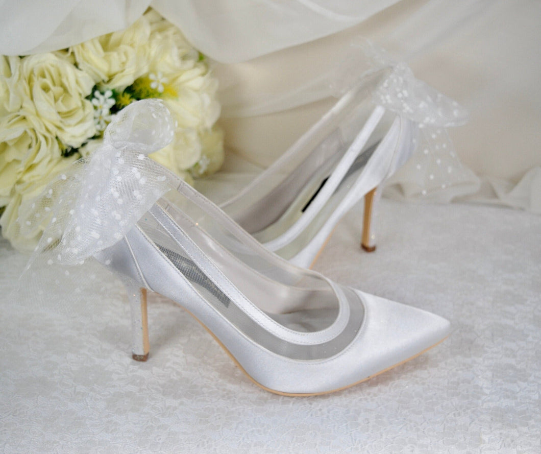 White Sparkling Wedding Shoes, with Bow - Size UK6/US8.5