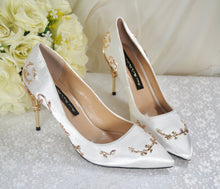 Load image into Gallery viewer, Ivory Satin Wedding Shoes with Gold Vines, UK8/US9.5/EU41
