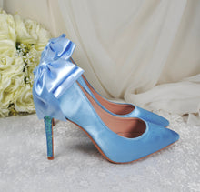 Load image into Gallery viewer, Blue Satin Wedding Shoes with Bridal Bow Size UK6.5/US9
