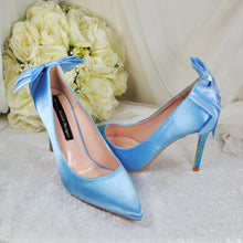 Load image into Gallery viewer, Blue Satin Wedding Shoes with Bridal Bow Size UK6.5/US9
