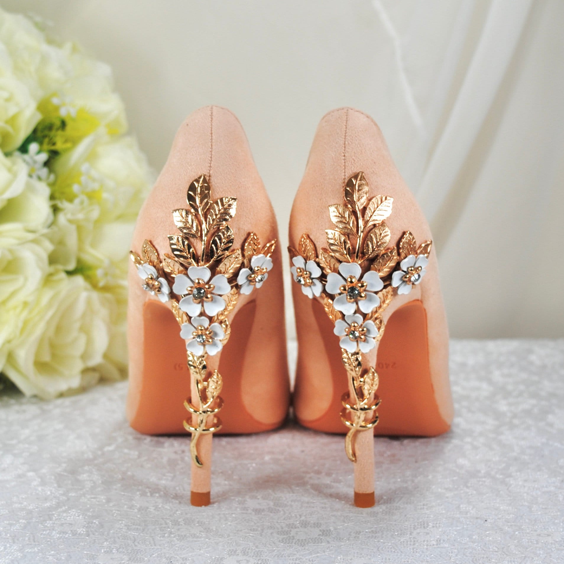 Colour of the Year Peach Bridal Shoes with Floral Heel Embellishment