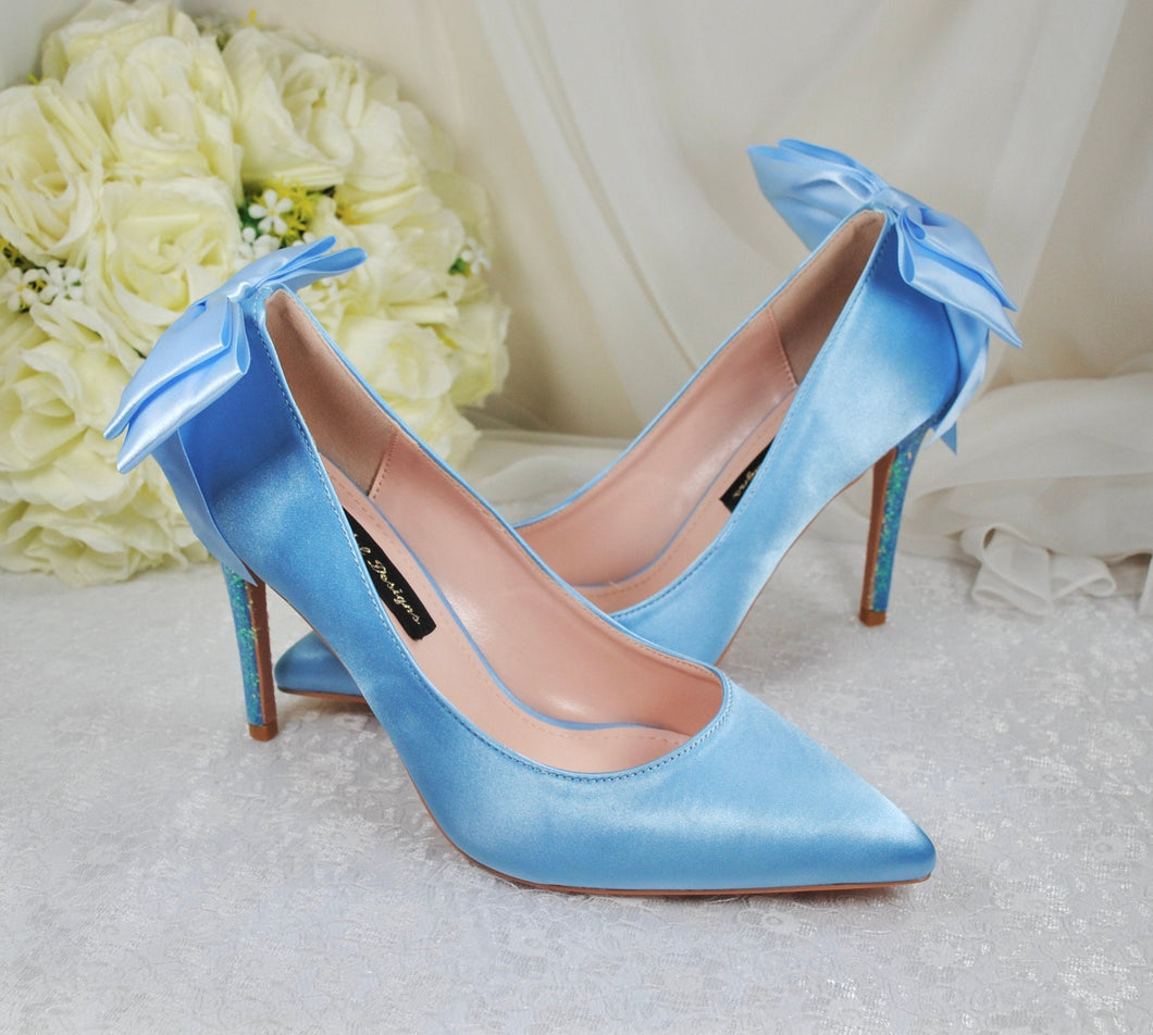 Blue Satin Wedding Shoes with Bridal Bow Size UK6.5/US9