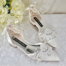 Load image into Gallery viewer, Ivory Lace Pointy Toe Flats with Small Pearl Appliqué - Bridesmaid Shoes, Women Wedding Shoes
