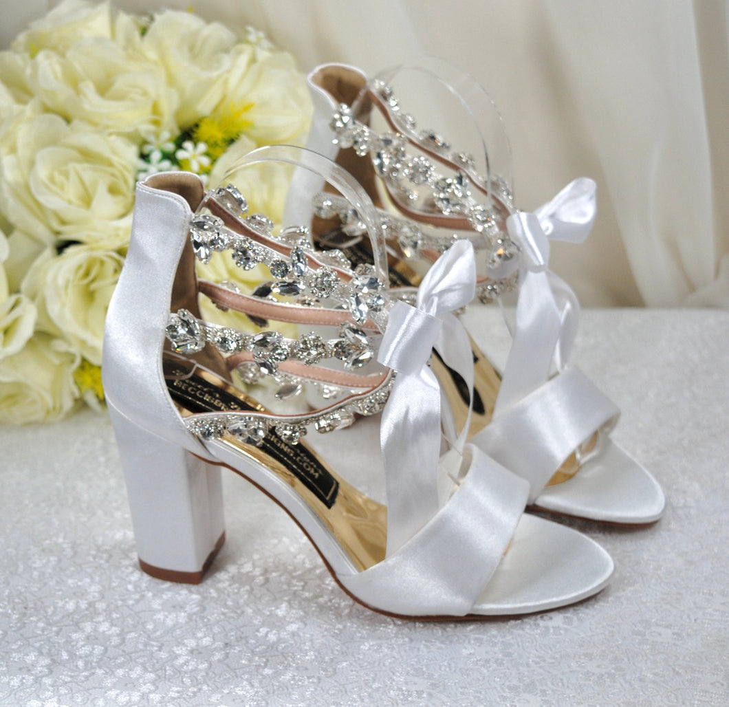 Block Heel Wedding Shoes with Crystal Ankle Strap Size UK5/US7.5