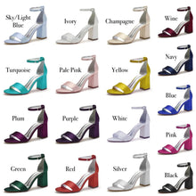 Load image into Gallery viewer, Beautiful Blue Satin Shoes, Block Heel Wedding Shoes, Bow Bridal Shoes
