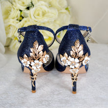 Load image into Gallery viewer, Navy Blue Sandals with &#39;Cherry Blossom&#39; - Size UK7/US9.5
