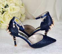 Load image into Gallery viewer, Navy Blue Sandals with &#39;Cherry Blossom&#39; - Size UK7/US9.5
