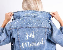 Load image into Gallery viewer, Personalised Denim Jacket, Bride Pearl Jacket, Bride to Be, Just Married, Honeymoon, Hen Party, Wifey Bridal Gift
